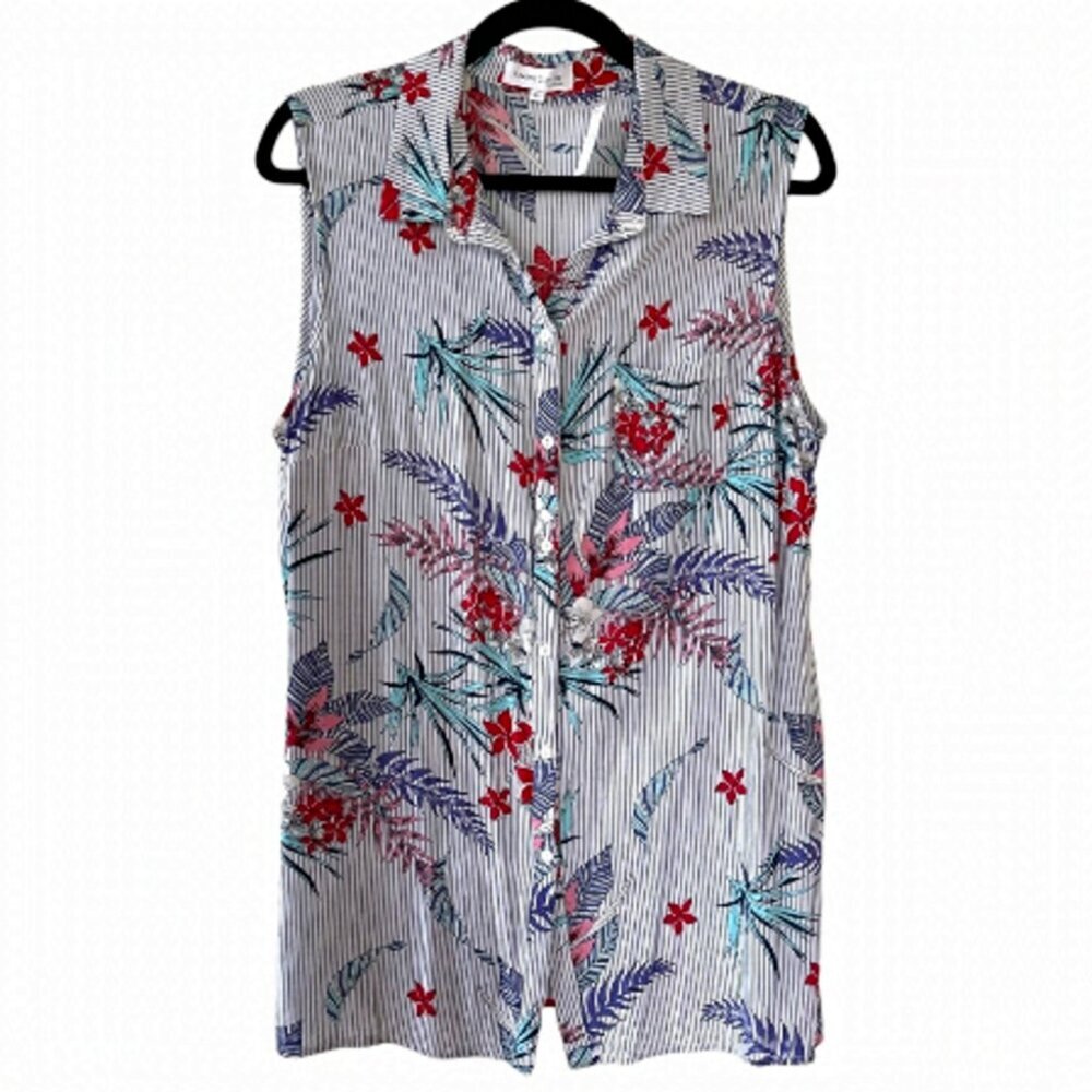 MARIE-CLAIRE Pinstriped & Floral Print Sleeveless Button Up Blouse Size Large